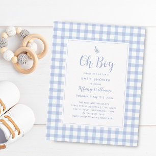 Invitación Elegante Blue Gingham Plaid Cute Oh Boy Baby Showe