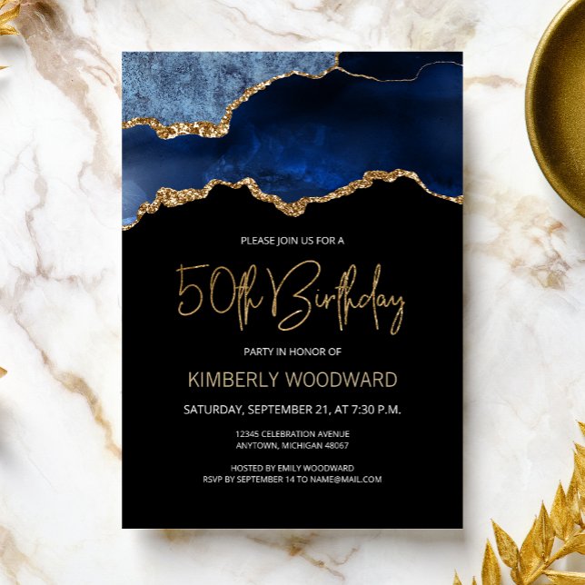 Invitación Elegante Blue Gold Agate 50 cumpleaños (Subido por el creador)