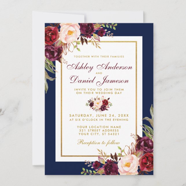 Invitación Elegante Blue Gold Burgundy Invite a la Boda Flora (Anverso)