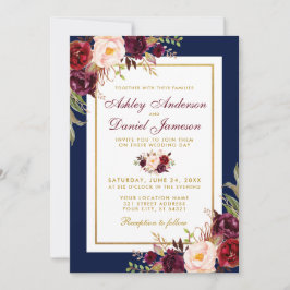 Invitación Elegante Blue Gold Burgundy Invite a la Boda Flora