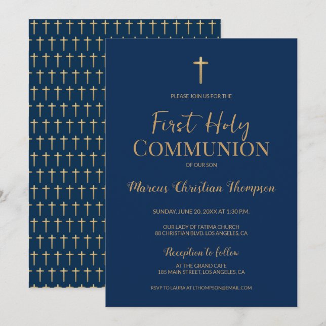 Invitación Elegante Blue Gold Cross Boy Primera comunión sant (Anverso / Reverso)