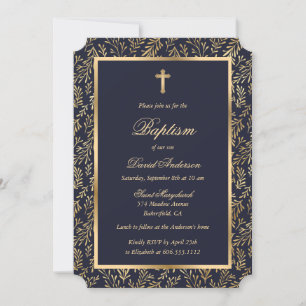 Invitación Elegante Blue Gold Cross Greenery Boy Baptism
