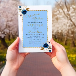 Invitación Elegante Blue Gold Flowers Boy Baptism