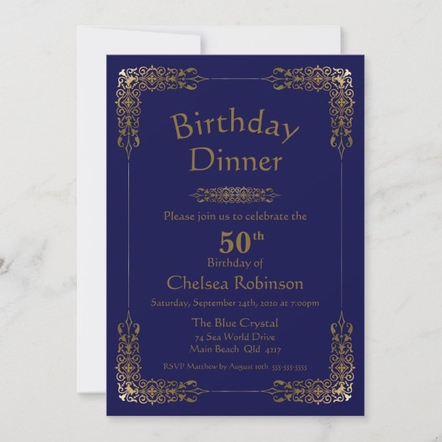 Invitación Elegante Blue Gold Lace Invite a cenar por 50 cump (Anverso)