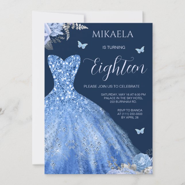 Invitación Elegante Blue Gown Floral 18 cumpleaños (Anverso)