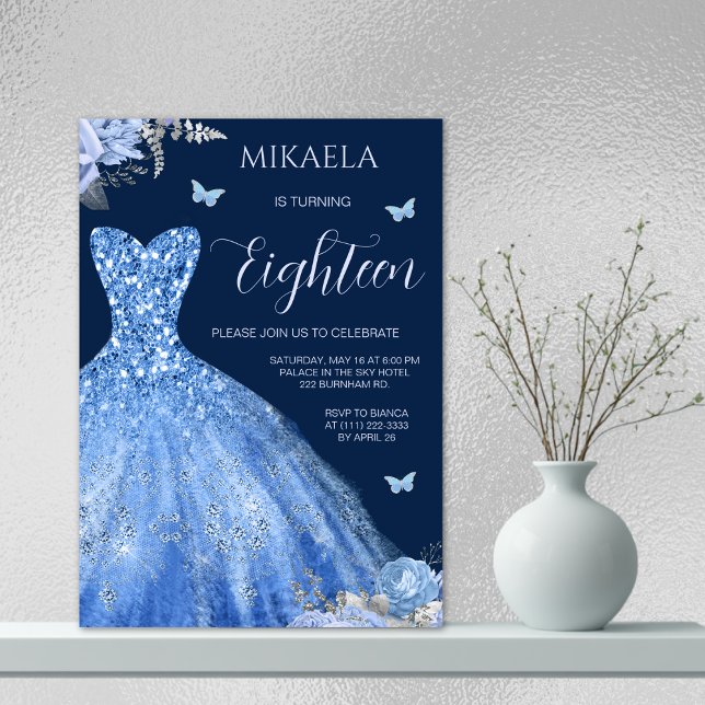 Invitación Elegante Blue Gown Floral 18 cumpleaños (Subido por el creador)