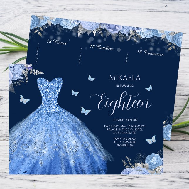 Invitación Elegante Blue Gown Floral 18 cumpleaños (Subido por el creador)