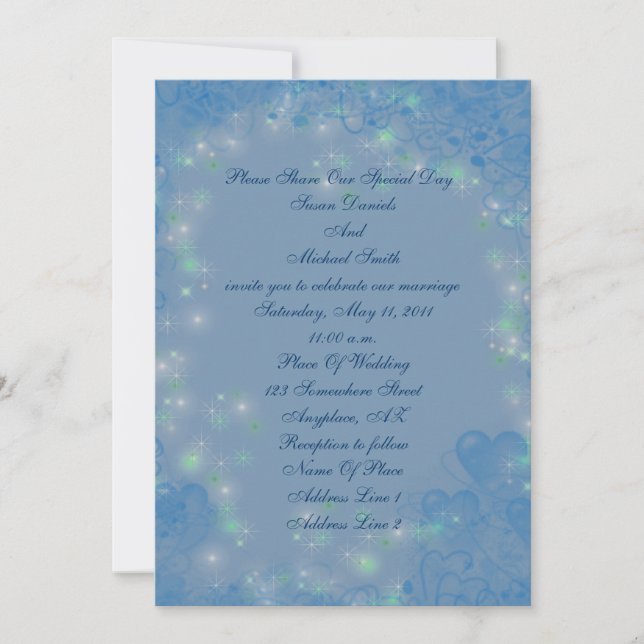 Invitación Elegante Blue Hearts Sparkly Lights Wedding Invite (Anverso)