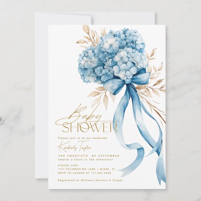 Invitación Elegante Blue Hydrangea Bow Baby Shower (Anverso)
