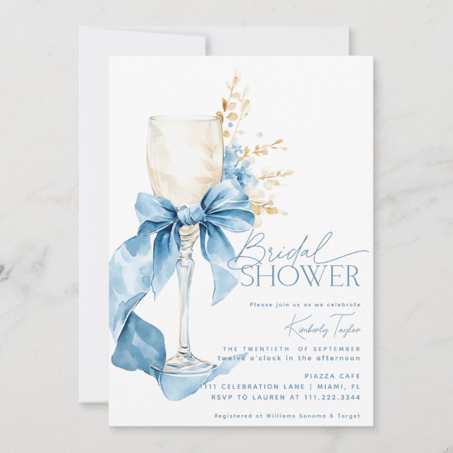 Invitación Elegante Blue Hydrangea Bow Champagne Bridal Showe (Anverso)