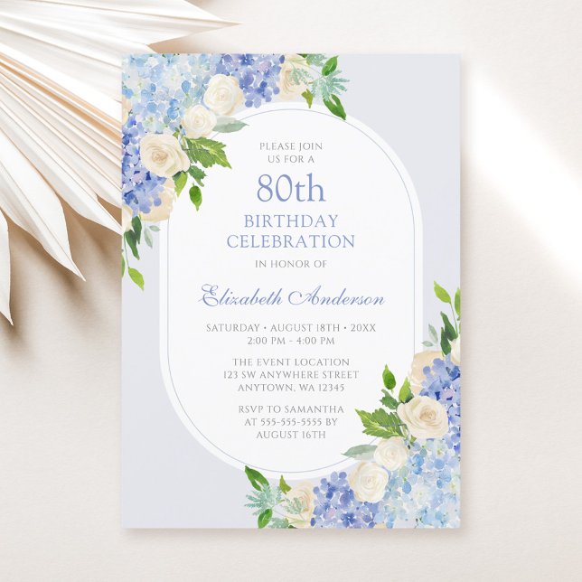 Invitación Elegante Blue Hydrangea Floral 80 cumpleaños (Subido por el creador)