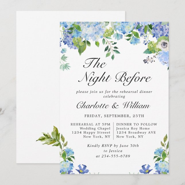Invitación Elegante Blue Hydrangea Greeneration Rehearsal Cen (Anverso / Reverso)