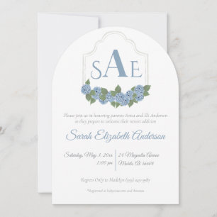 Invitación Elegante Blue Hydrangea Monograma Escudo Baby Show