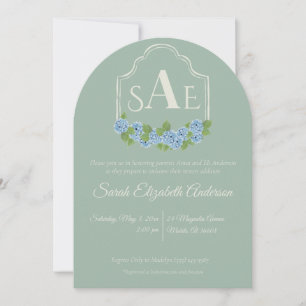Invitación Elegante Blue Hydrangea Monograma Escudo Baby Show