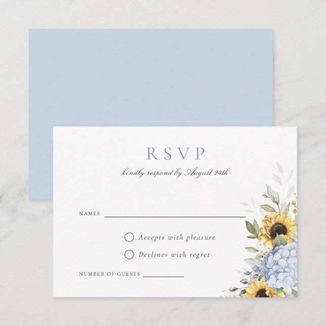 Invitación Elegante Blue Hydrangea Sunflowers Wedding RSVP (Anverso / Reverso)