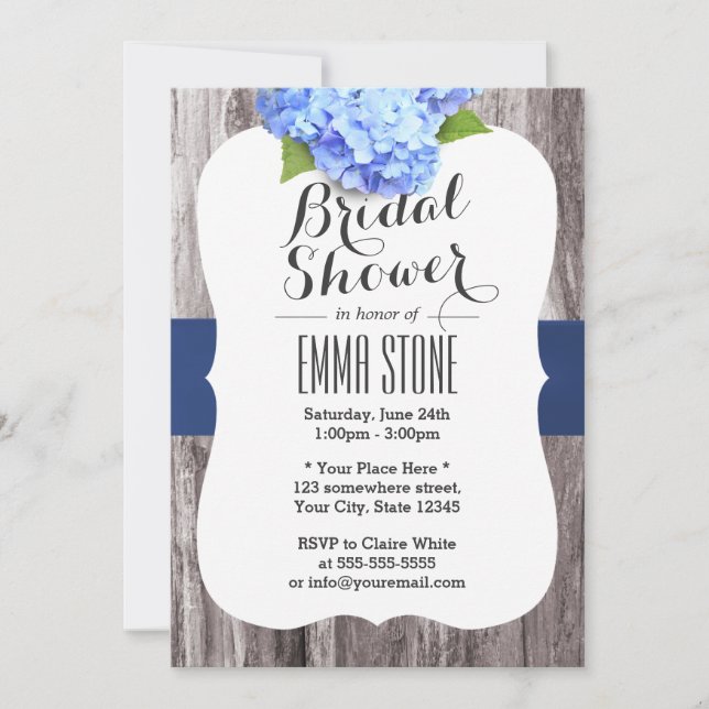 Invitación Elegante Blue Hydrangea Vintage Wood Bridal Shower (Anverso)