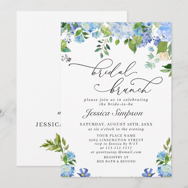 Invitación Elegante Blue Hydrangea Watercolor Bridal Brunch (Anverso / Reverso)