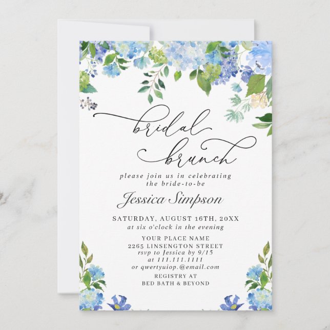 Invitación Elegante Blue Hydrangea Watercolor Bridal Brunch (Anverso)