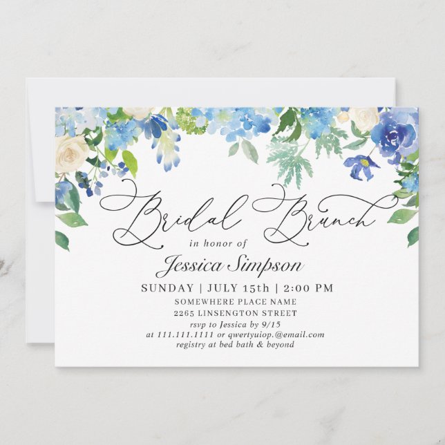 Invitación Elegante Blue Hydrangea Watercolor Bridal Brunch (Anverso)