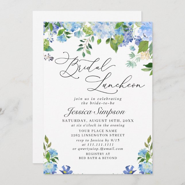 Invitación Elegante Blue Hydrangea Watercolor Bridal Luncheon (Anverso / Reverso)