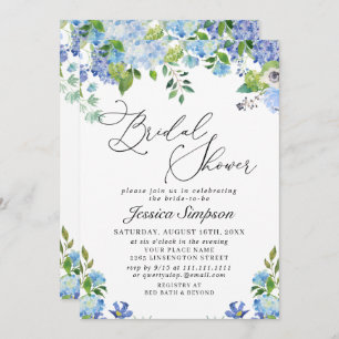 Invitación Elegante Blue Hydrangea Watercolor Bridal Shower