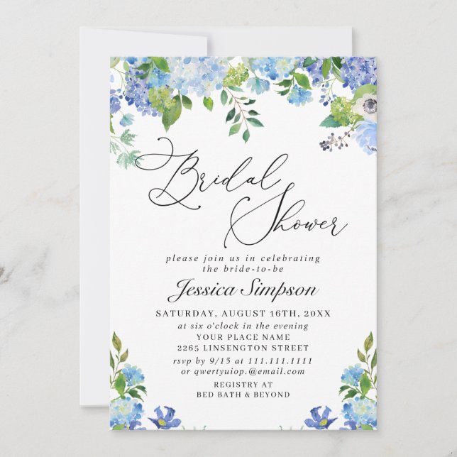 Invitación Elegante Blue Hydrangea Watercolor Bridal Shower (Anverso)