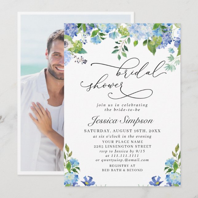 Invitación Elegante Blue Hydrangea Watercolor Bridal Shower (Anverso / Reverso)