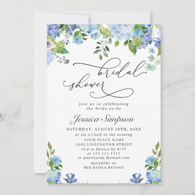 Invitación Elegante Blue Hydrangea Watercolor Bridal Shower (Anverso)