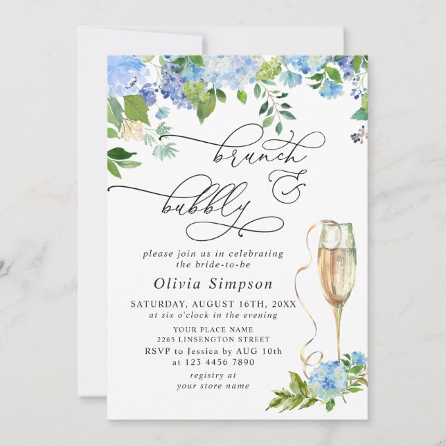 Invitación Elegante Blue Hydrangea Watercolor Brunch & Bubbly (Anverso)