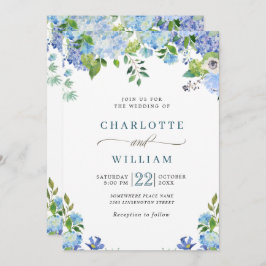 Invitación Elegante Blue Hydrangea Watercolor Greenery Boda