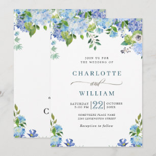 Invitación Elegante Blue Hydrangea Watercolor Greenery Boda