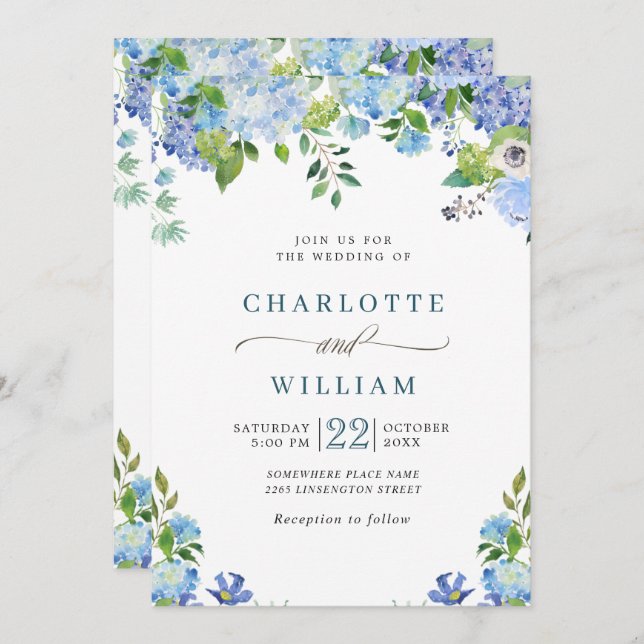 Invitación Elegante Blue Hydrangea Watercolor Greenery Boda (Anverso / Reverso)