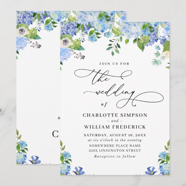 Invitación Elegante Blue Hydrangea Watercolor Greenery Boda (Anverso / Reverso)