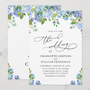 Invitación Elegante Blue Hydrangea Watercolor Greenery Boda