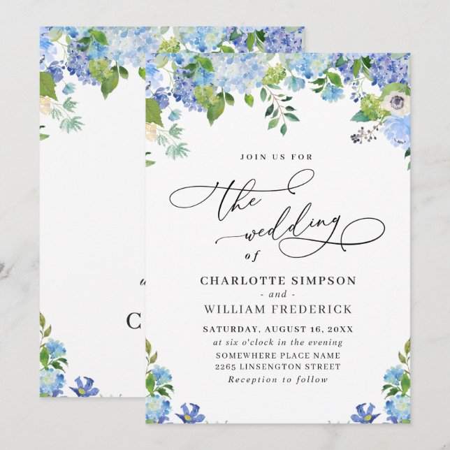 Invitación Elegante Blue Hydrangea Watercolor Greenery Boda (Anverso / Reverso)