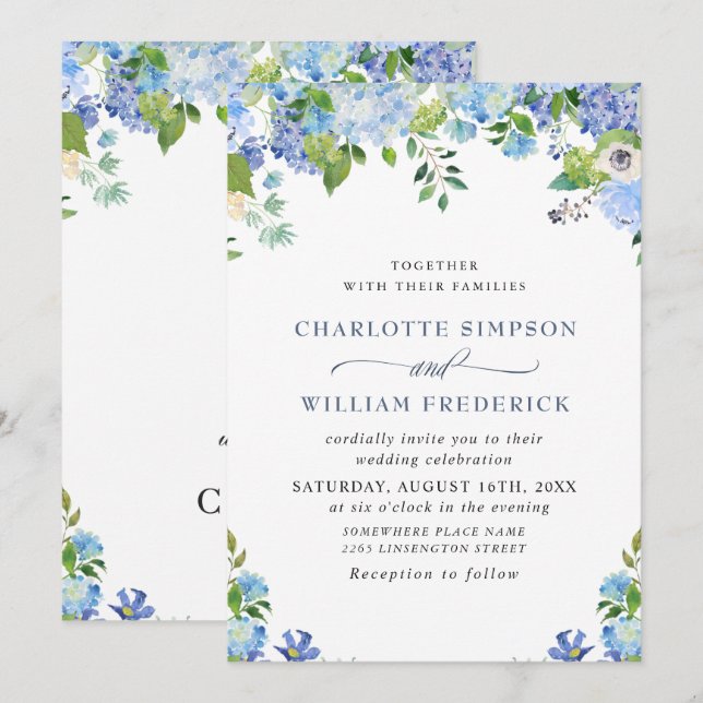 Invitación Elegante Blue Hydrangea Watercolor Greenery Boda (Anverso / Reverso)