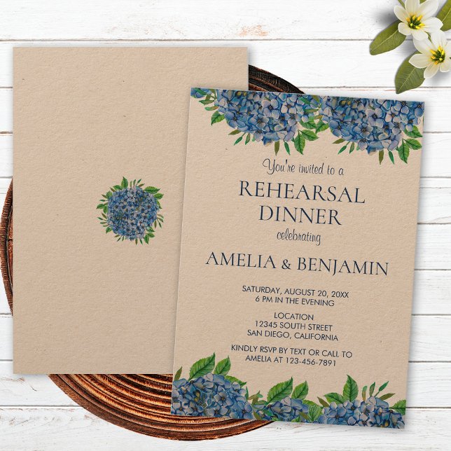 Invitación Elegante Blue Hydrangeas Boda Cena de ensayo (Subido por el creador)
