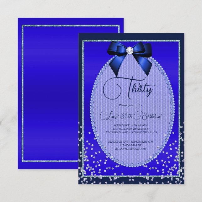 Invitación Elegante Blue Jewel Bow & Confetti Cumpleaños (Anverso / Reverso)