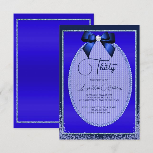 Invitación Elegante Blue Jewel Bow & Purpurina Cumpleaños (Anverso / Reverso)
