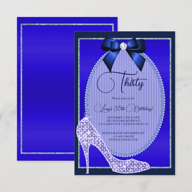 Invitación Elegante Blue Jewel Bow & Stiletto Cumpleaños (Anverso / Reverso)