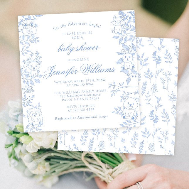 Invitación Elegante Blue Line Art Woodland Baby Boy Shower (Subido por el creador)