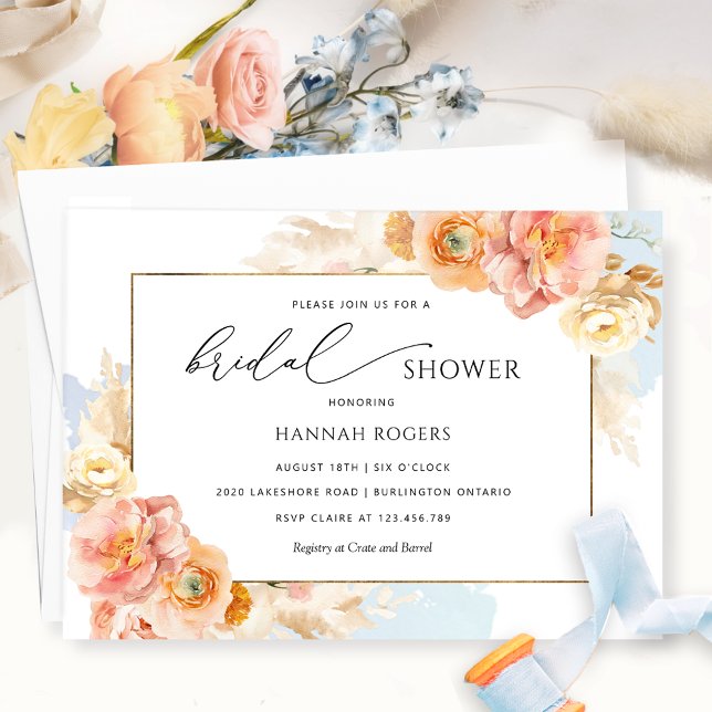 Invitación Elegante Blue Peach y Rubor Bridal Shower (Subido por el creador)