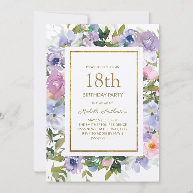 Invitación Elegante Blue Purple Floral Gold 18 cumpleaños (Anverso)