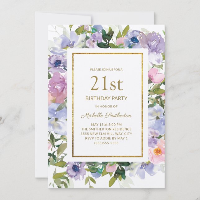 Invitación Elegante Blue Purple Floral Gold 21 cumpleaños (Anverso)