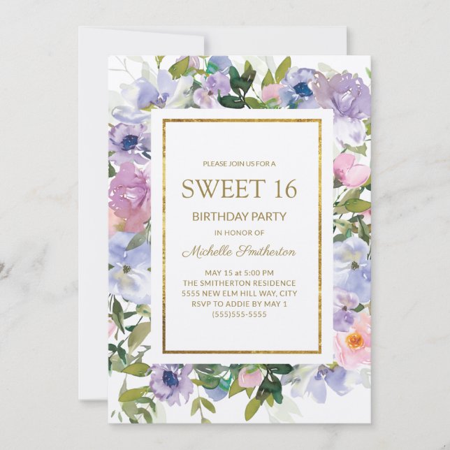 Invitación Elegante Blue Purple Floral Gold Sweet 16 cumpleañ (Anverso)