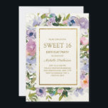 Invitación Elegante Blue Purple Floral Gold Sweet 16 cumpleañ<br><div class="desc">Elegante color azul polvoriento y morado floral Sweet 16 cumpleaños invitación a fiesta con hojas verdes y un marco dorado. El texto es completamente personalizable,  por lo que esta tarjeta se puede cambiar por cualquier edad.</div>