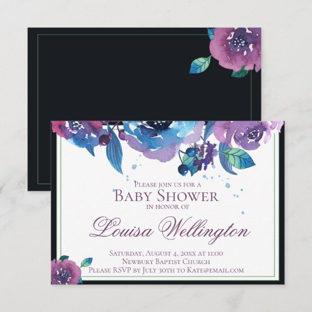 Invitación Elegante Blue Purple Twilight Floral (Anverso / Reverso)
