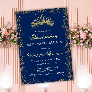 Invitación Elegante Blue Purpurina Gold Crown Sweet 16 cumple