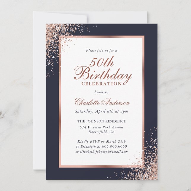 Invitación Elegante Blue Rosa Gold Confetti 50 cumpleaños (Anverso)