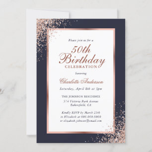 Invitación Elegante Blue Rosa Gold Confetti 50 cumpleaños